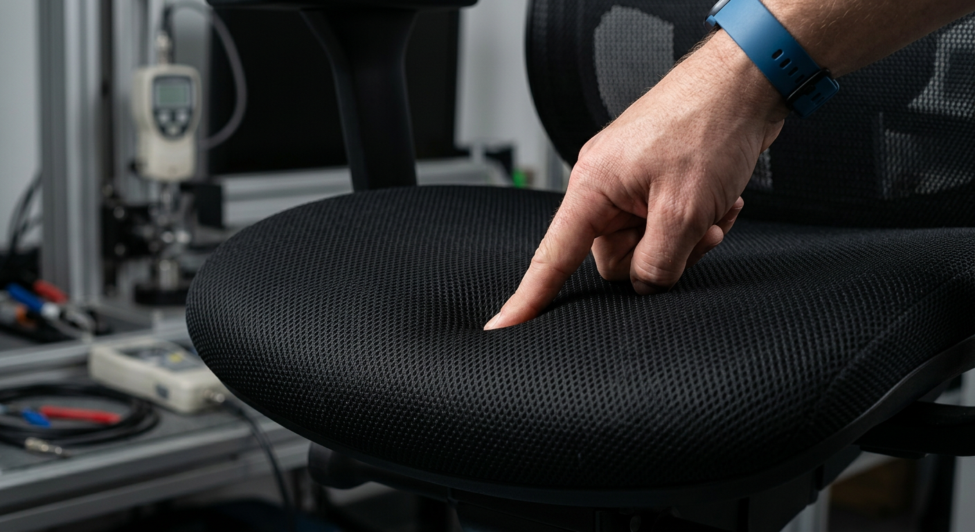 Close-up of hand testing the foam seat cushion of a black mesh office chair