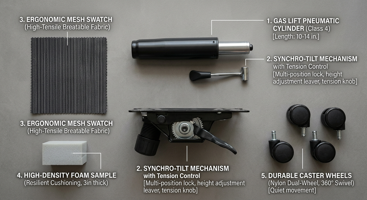 Office chair components including gas lift mechanism mesh and caster wheels