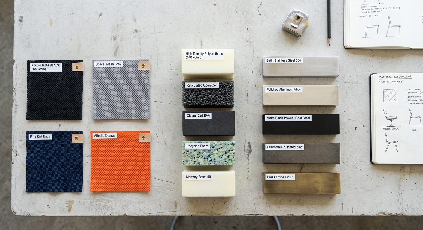 Mesh fabric and foam density samples for office chair material comparison