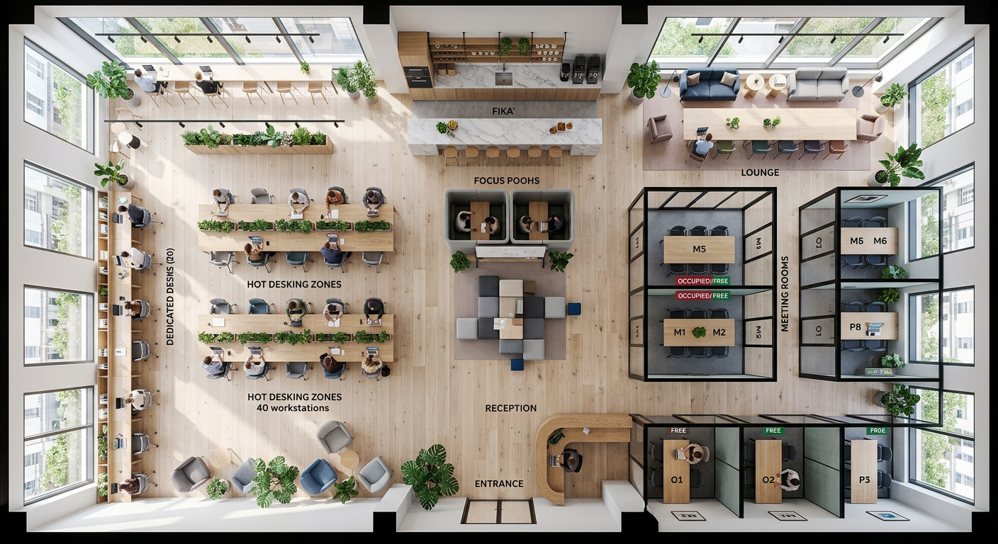 Overhead view of a zoned coworking floor plan