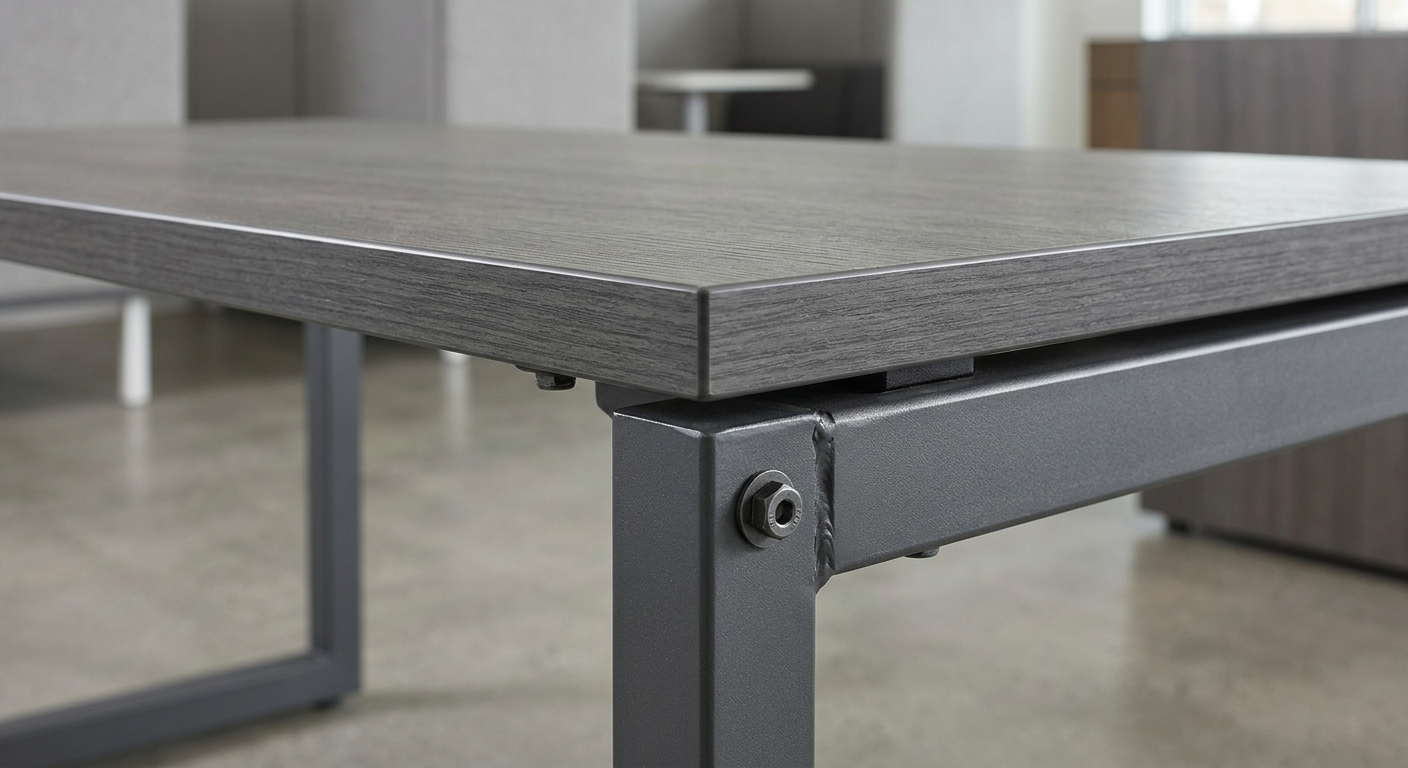 Close-up of commercial-grade office desk construction detail