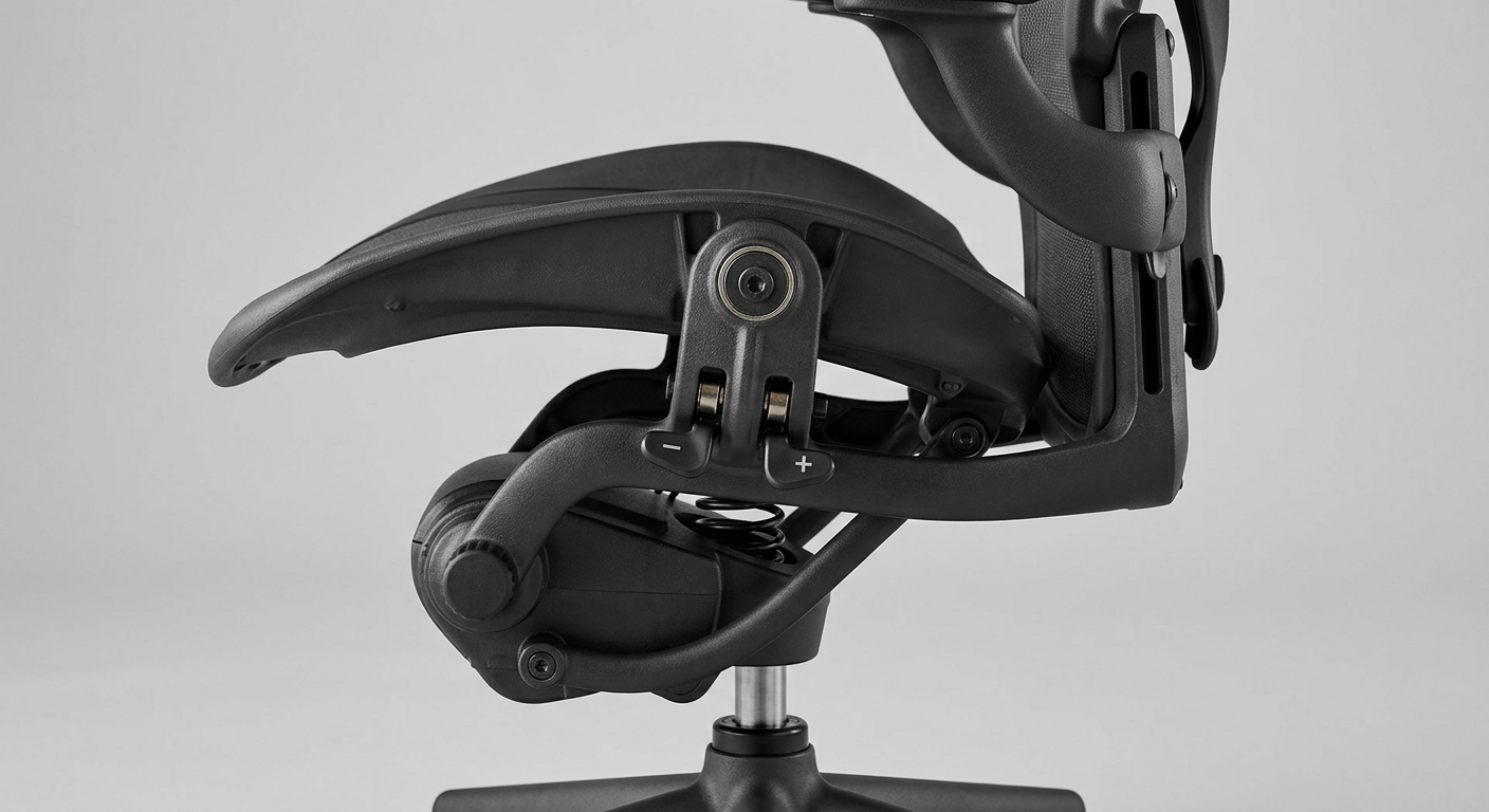 Close-up of a synchronous tilt mechanism on an ergonomic office chair