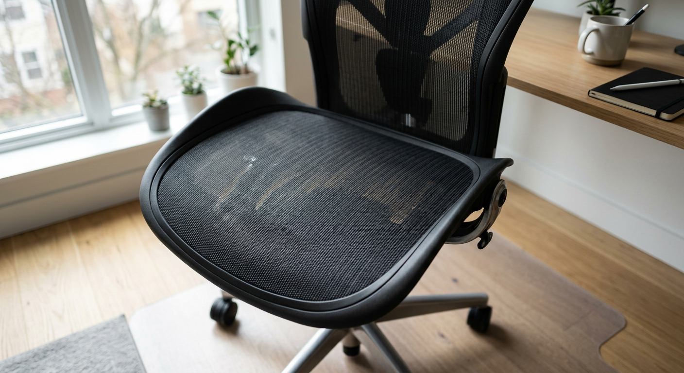 Ergonomic chair seat pan with waterfall front edge and mesh fabric