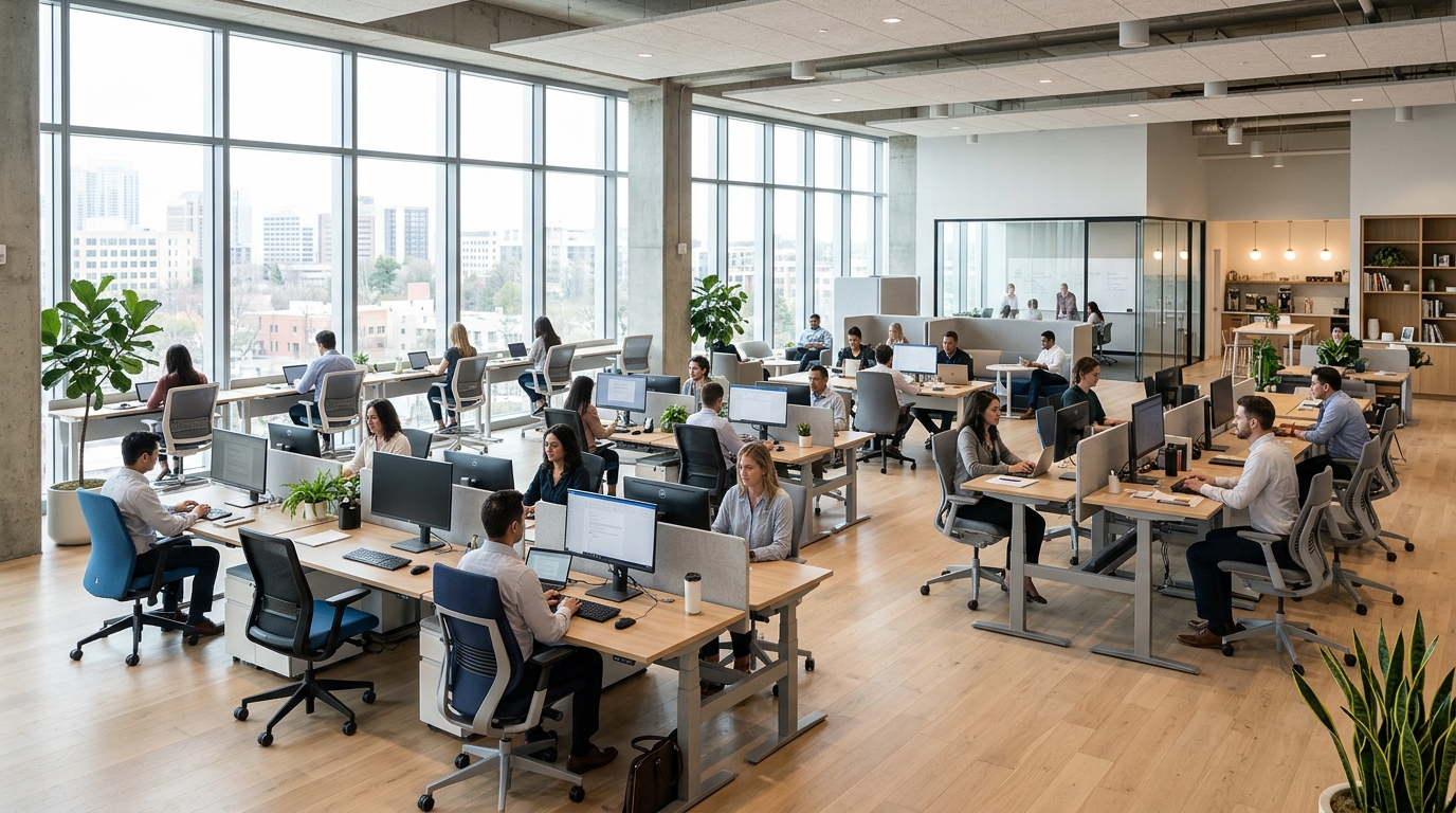 Open office with varied ergonomic chair styles at different workstations