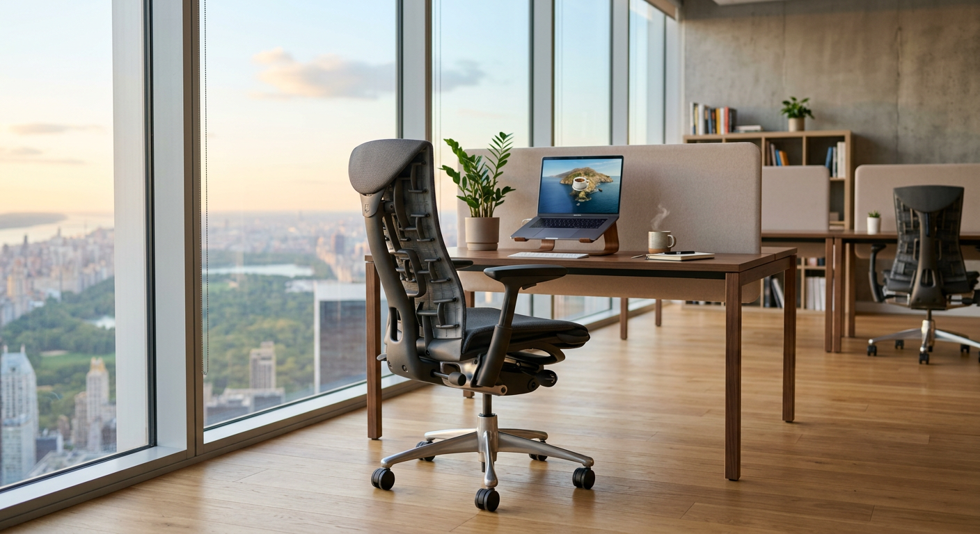 New ergonomic office chair in a bright quiet office