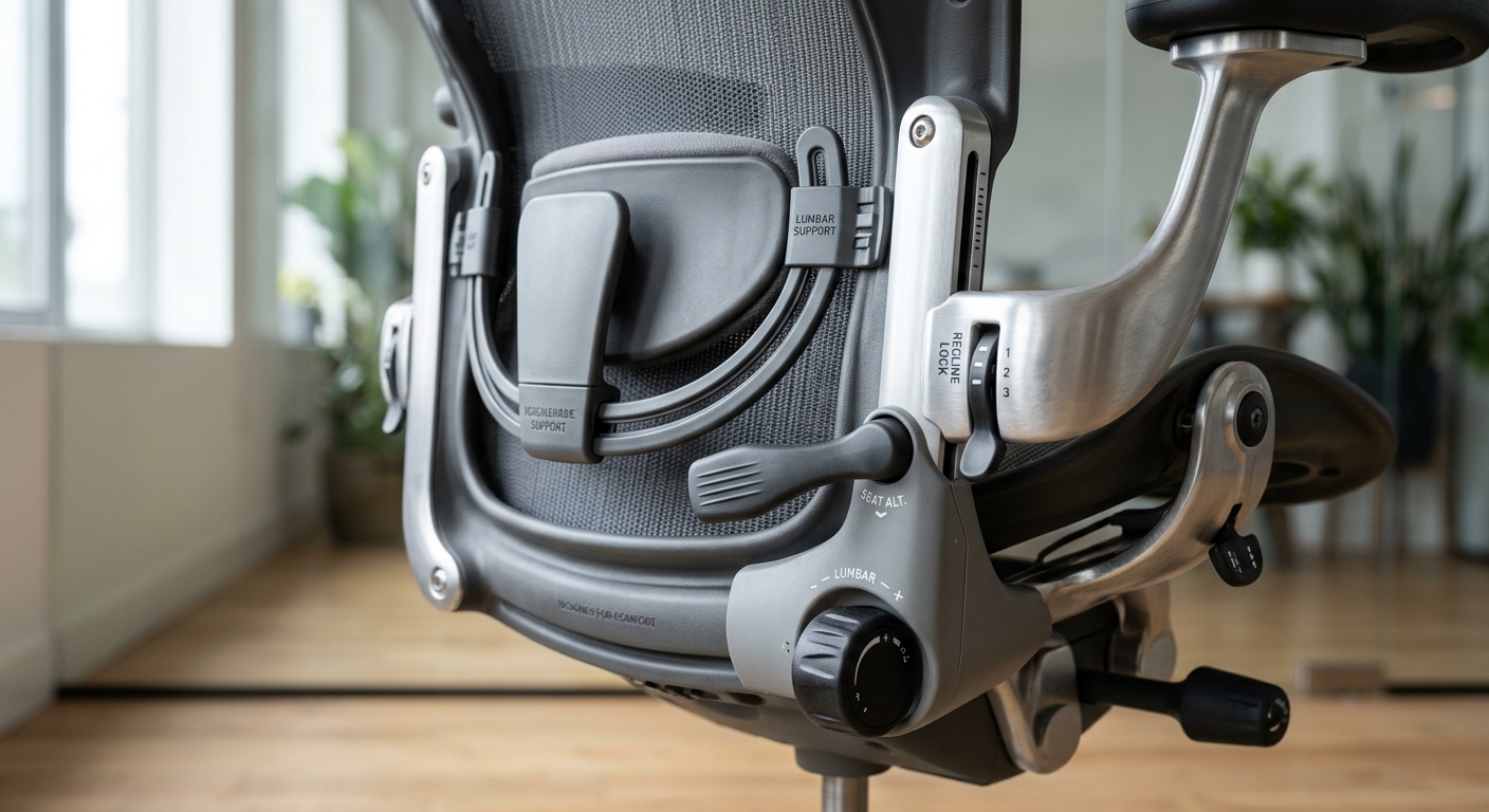 Close-up of ergonomic chair adjustment levers and lumbar mechanism