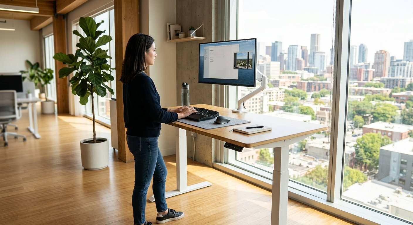 Height-adjustable standing desk with monitor arm in modern office