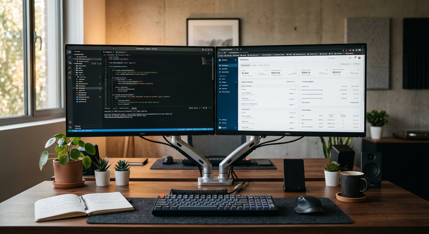 Dual monitors mounted at eye level above a clean workstation