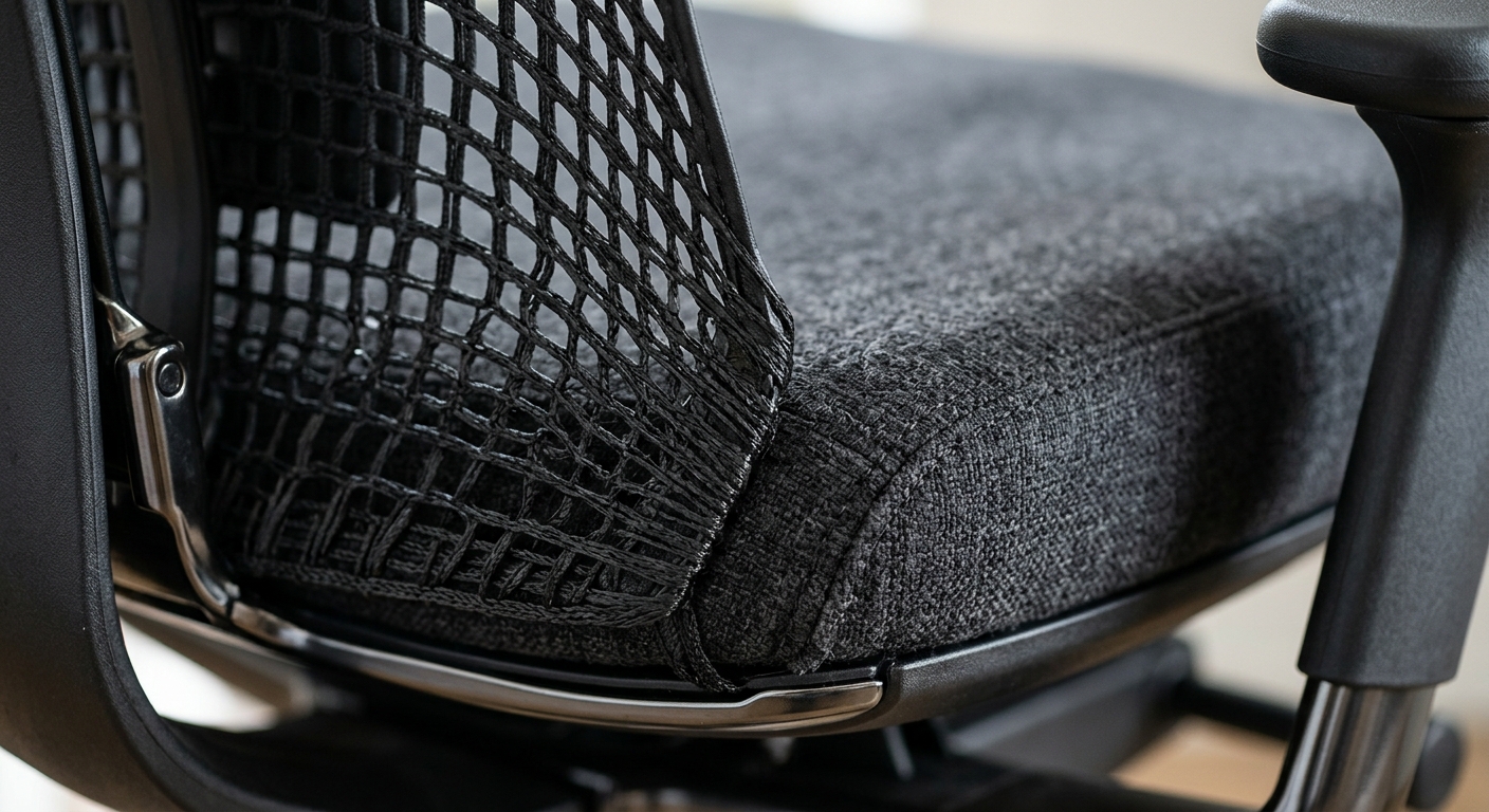 Macro detail of premium mesh and foam on an office chair