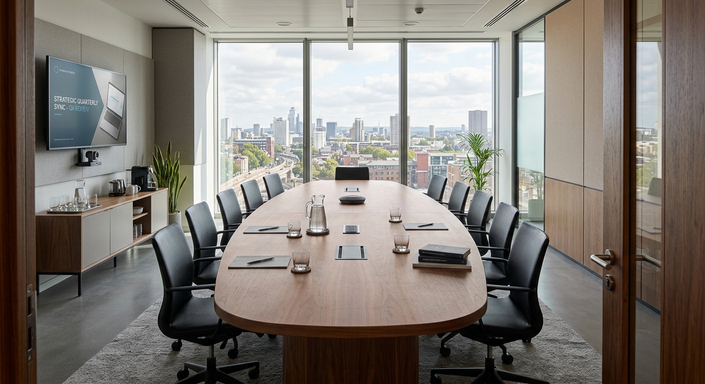 Boat-shaped conference table in a modern meeting room with natural light