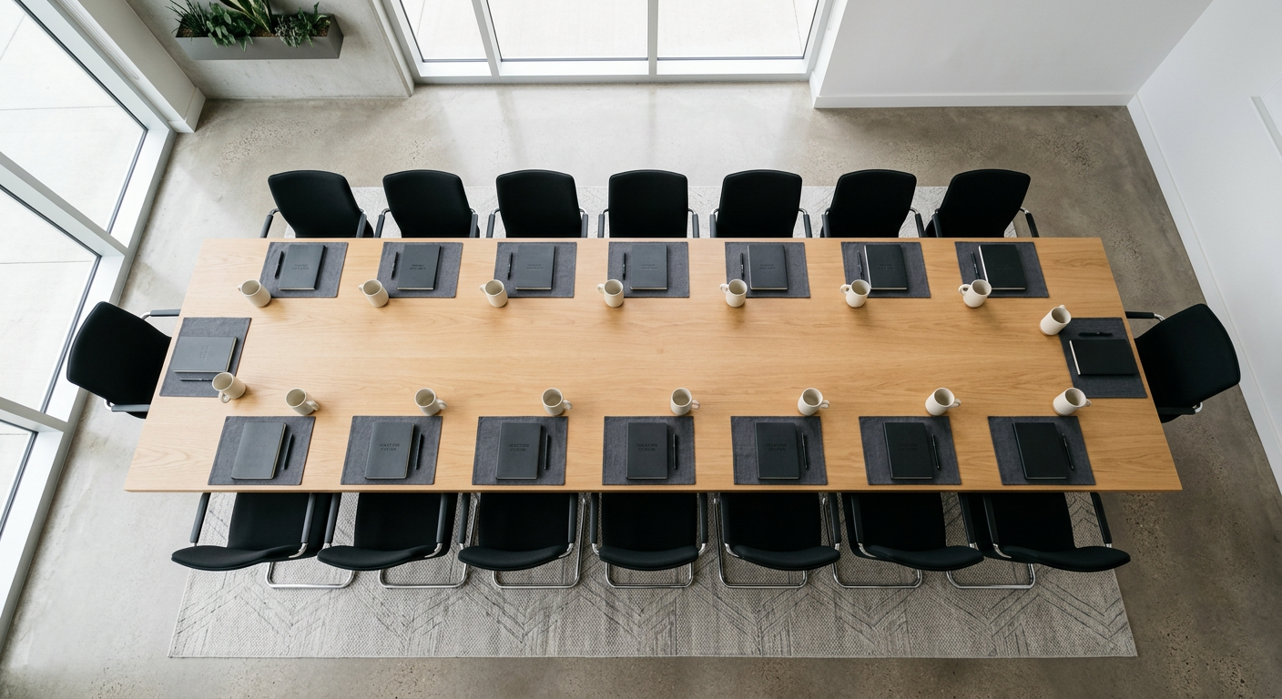 Top-down view of a conference table showing proper seat spacing