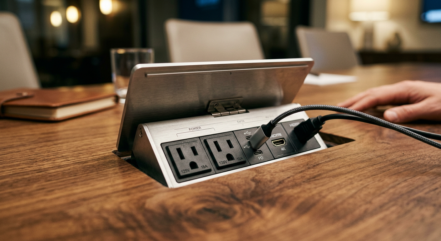 Close-up of integrated flip-up power and data module in conference table