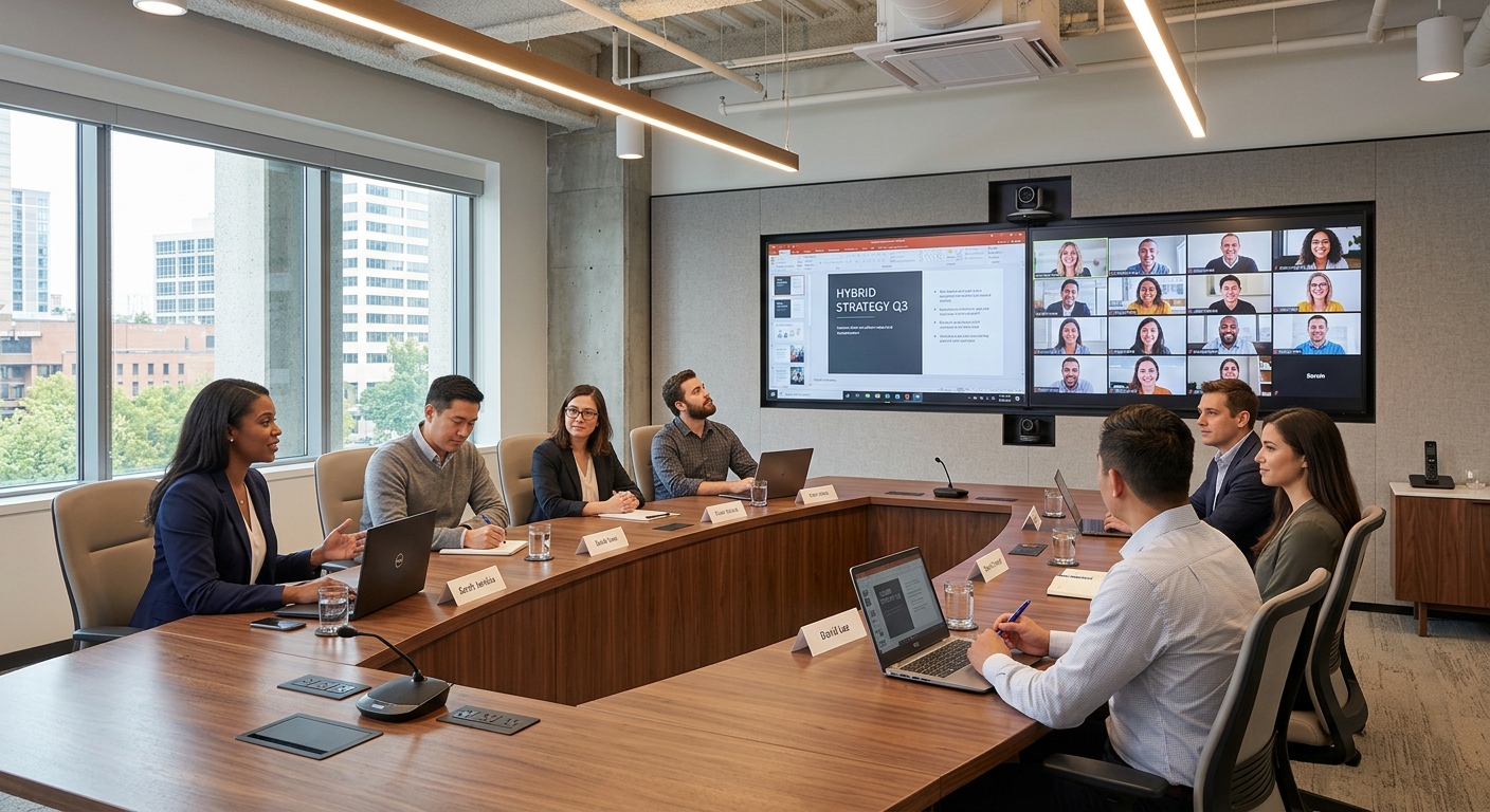 Hybrid meeting room with boat-shaped table facing a video display
