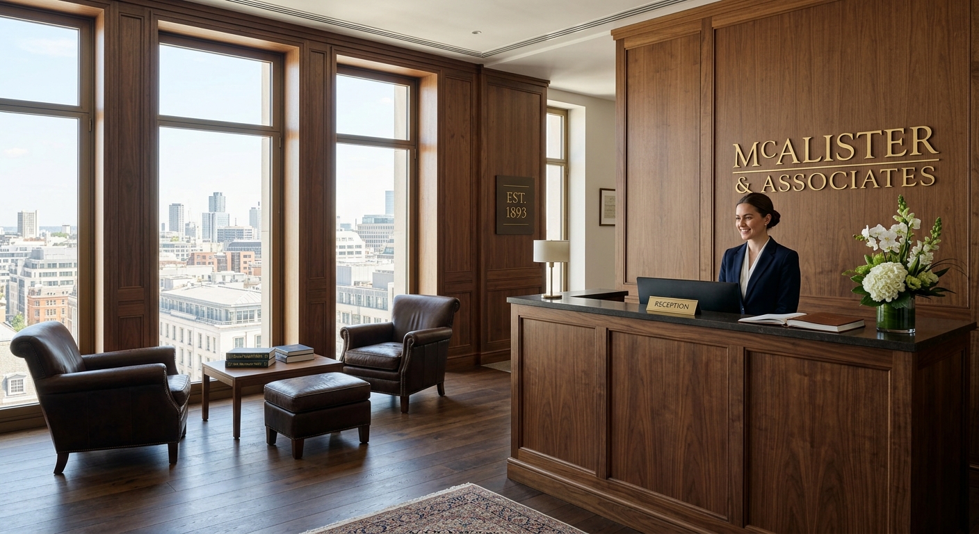 Law firm reception area with walnut paneling and leather lounge seating