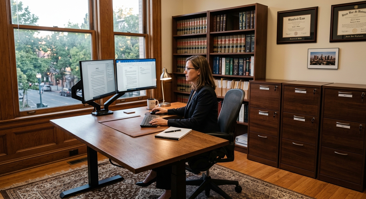 Attorney private office with height-adjustable desk and ergonomic executive chair