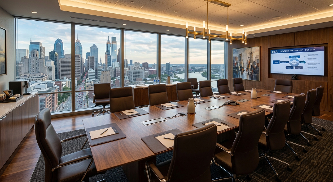 Law firm conference room with long wood table and leather executive chairs