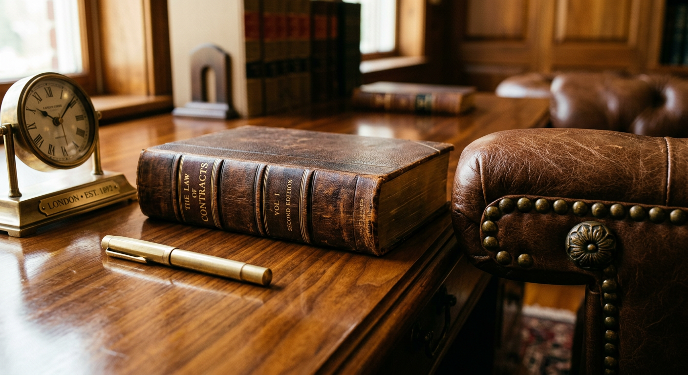 Close-up of premium law office materials including walnut, leather, and brass