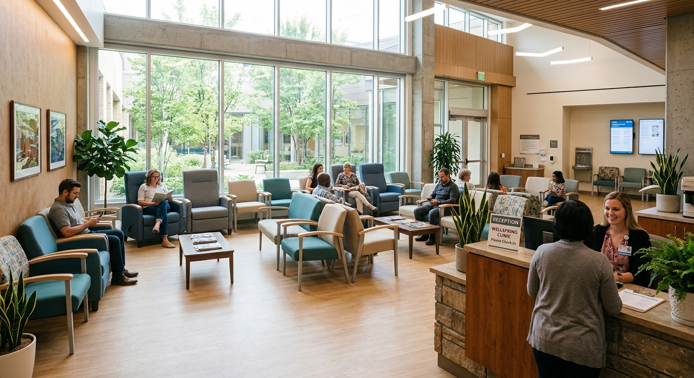 Mixed seating types including bariatric and standard armed chairs in a healthcare waiting area