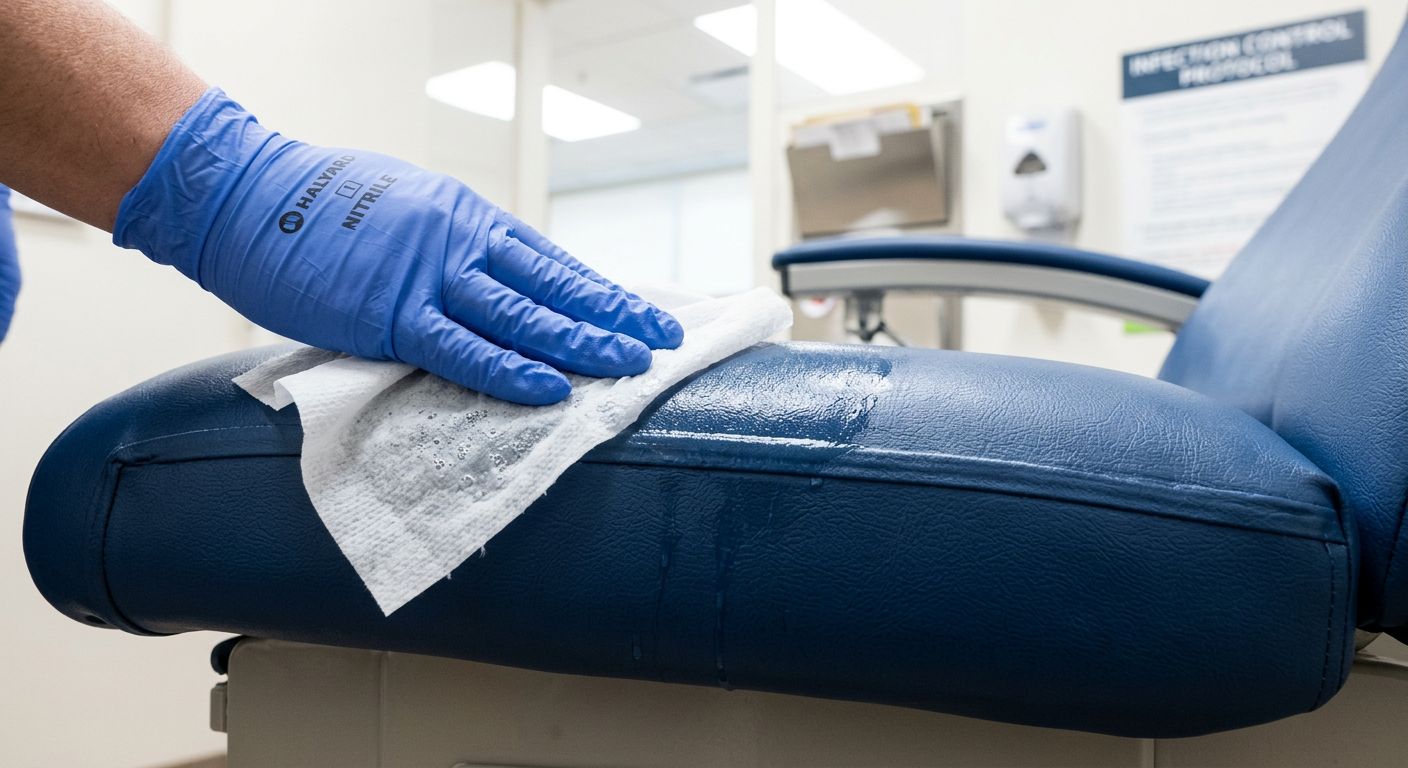 Healthcare upholstery being wiped with disinfectant on welded seam vinyl