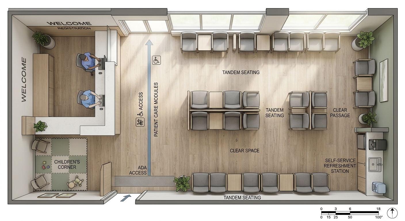 Overhead view of dental waiting room layout with tandem seating and ADA pathways