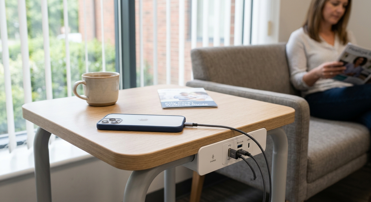 Waiting room side table with integrated USB charging ports