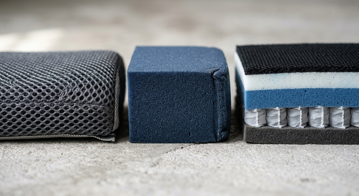 Cross-sections of mesh weave, foam, and hybrid cushion materials