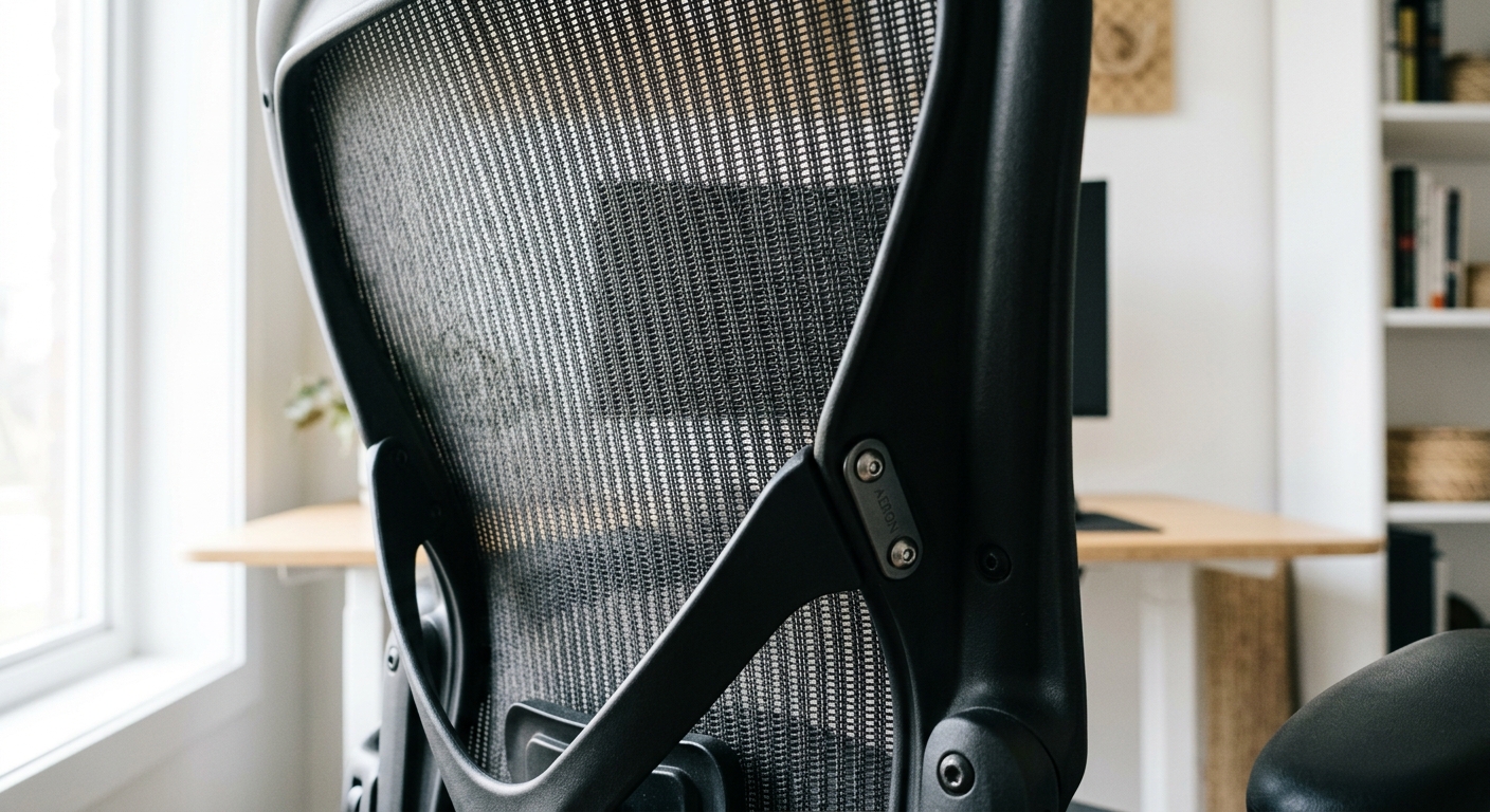 High-tension elastomer mesh seat detail on an ergonomic office chair