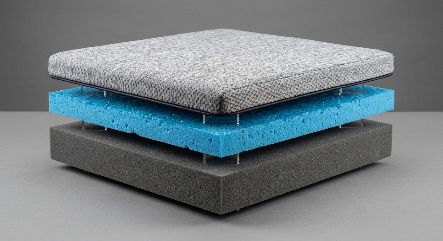 Layered hybrid seat cushion construction with foam, gel, and knit cover