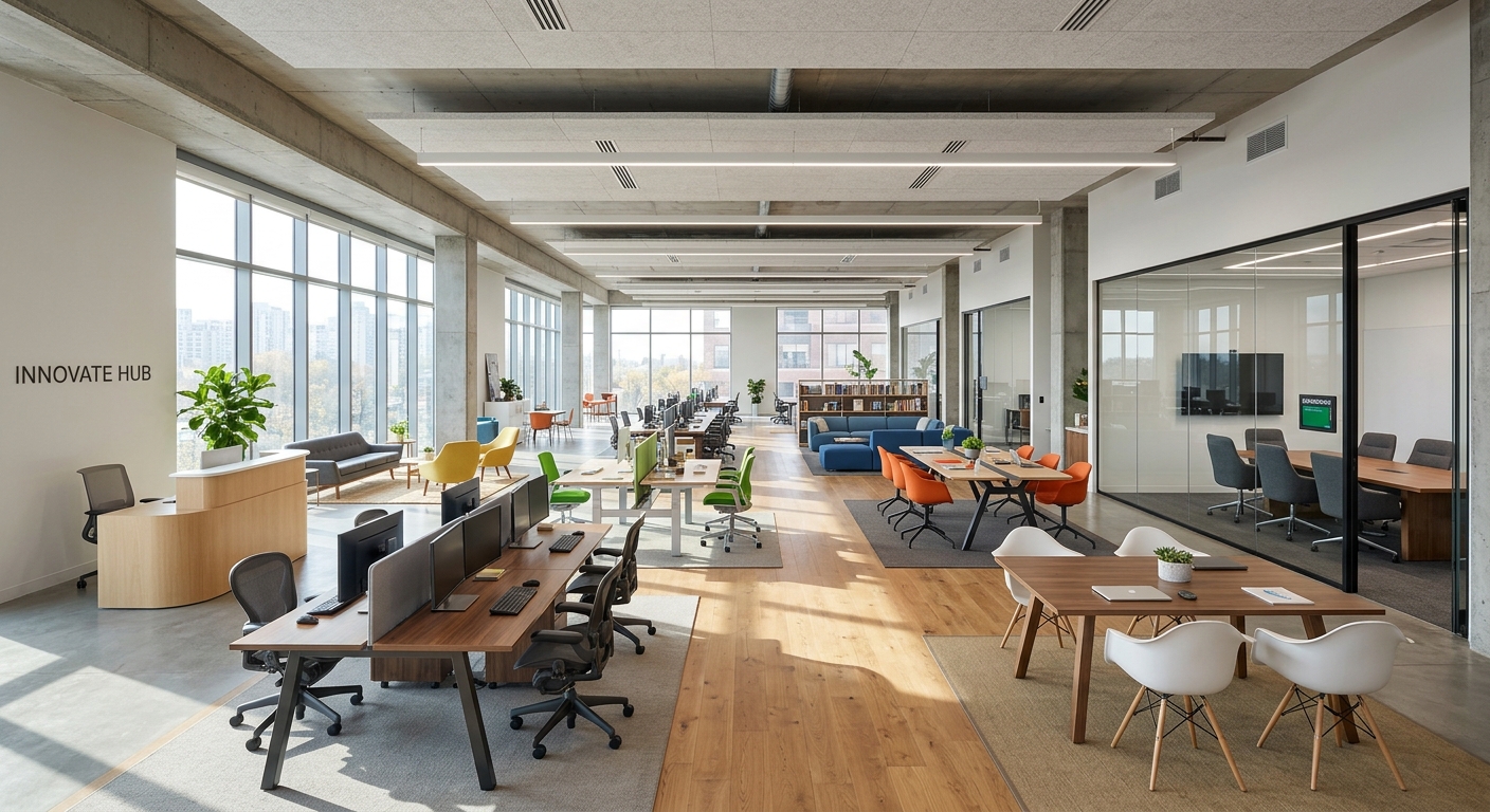 Modern open-plan office with varied seating types at different workstations