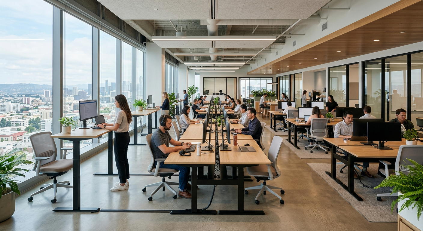 Open-plan office with sit-stand desks at different heights