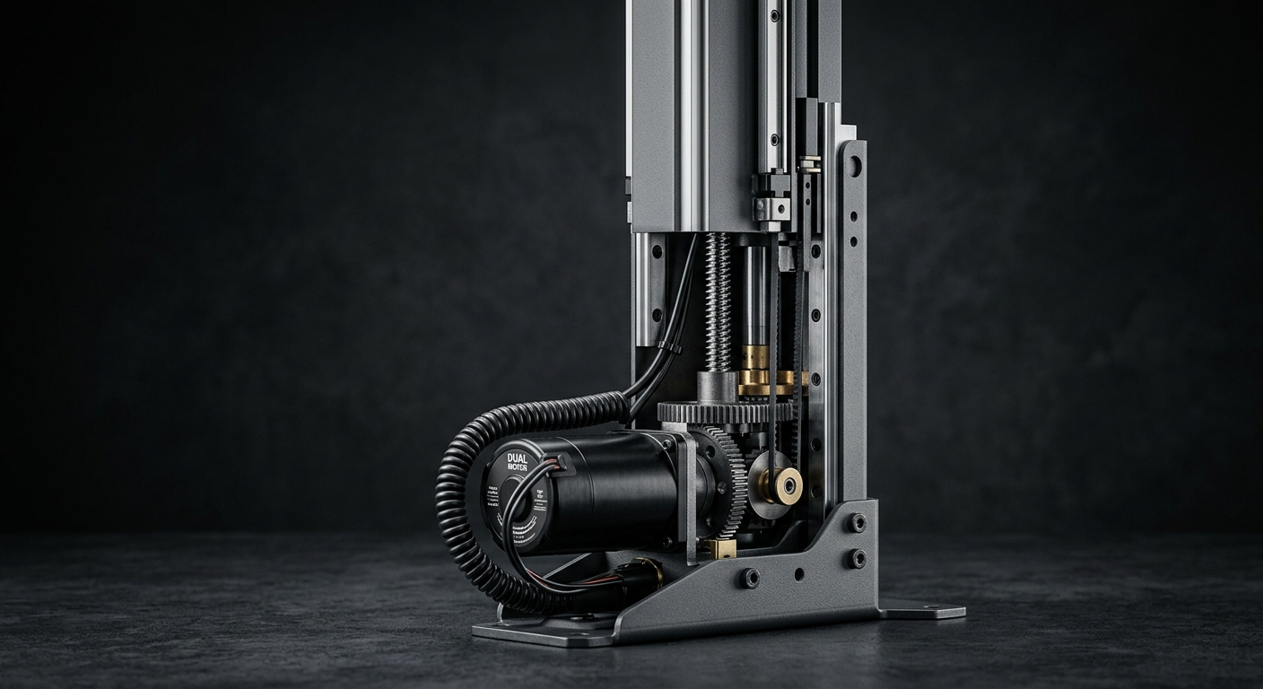 Close-up of dual-motor sit-stand desk leg mechanism