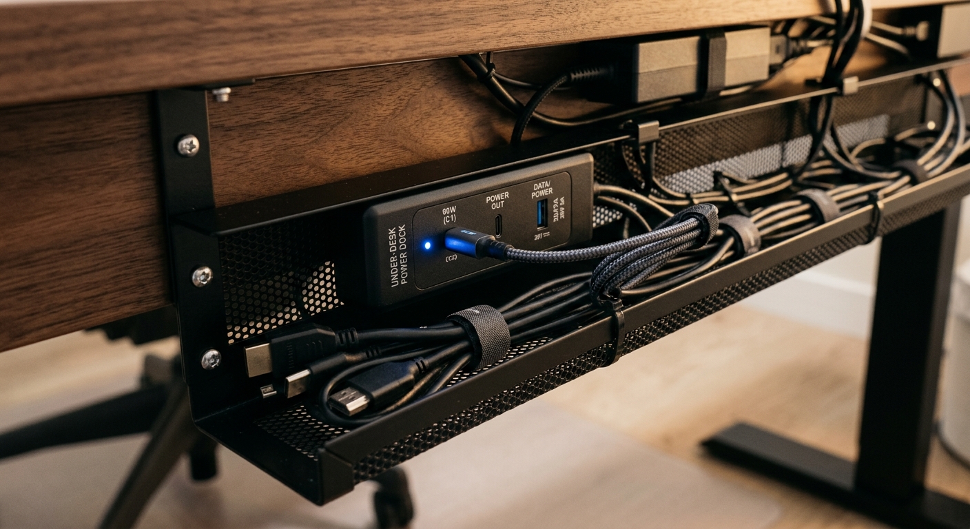 Under-desk cable management tray with USB-C power module