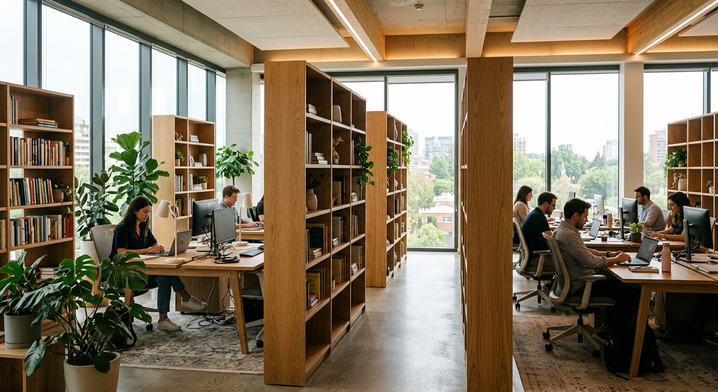 Tall wooden bookcases acting as acoustic dividers between open-office workstations