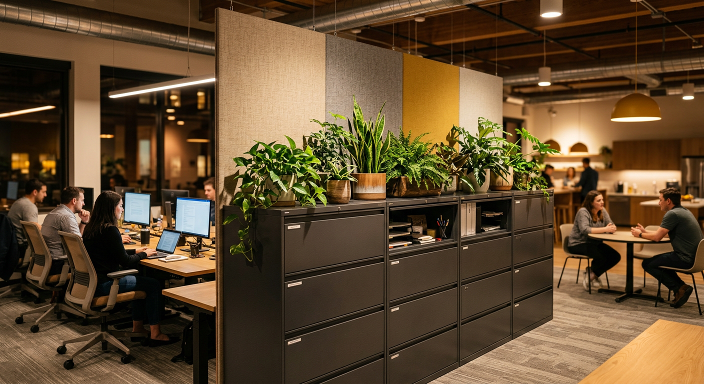 Lateral file cabinets topped with planters serving as acoustic dividers in an office
