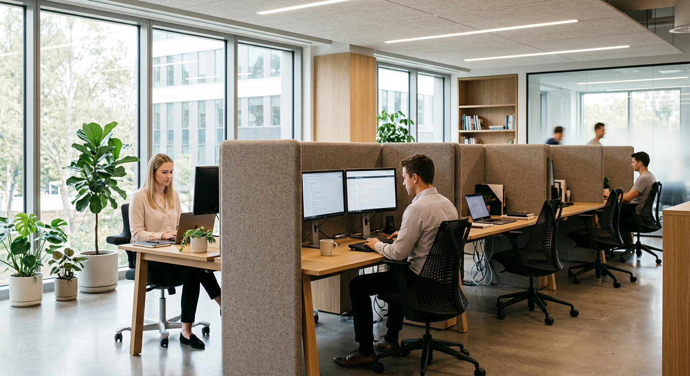 Bench desk system with tall fabric-wrapped acoustic privacy screens between seats