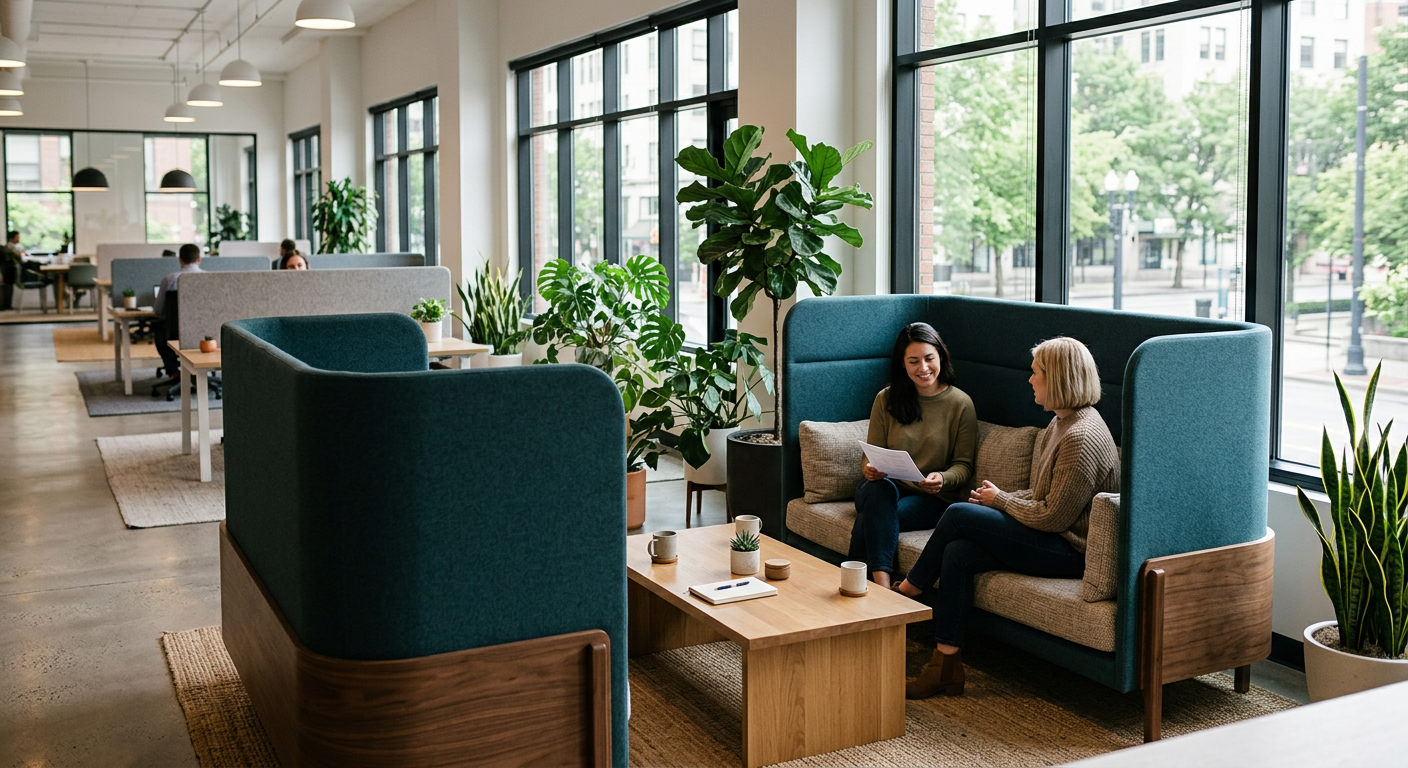 Open-office lounge zone with high-back upholstered booth seating