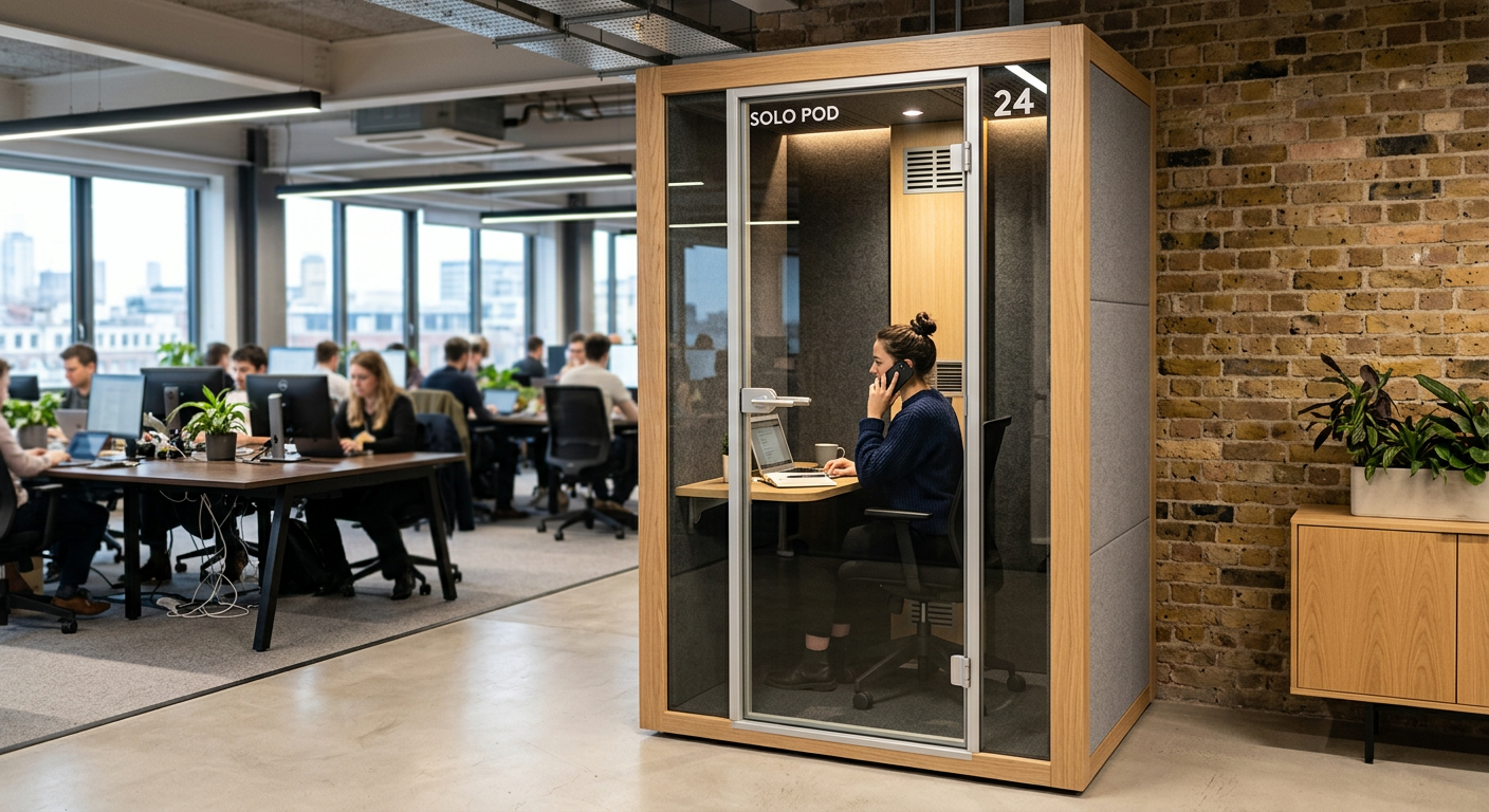 Freestanding acoustic phone booth in a modern open office