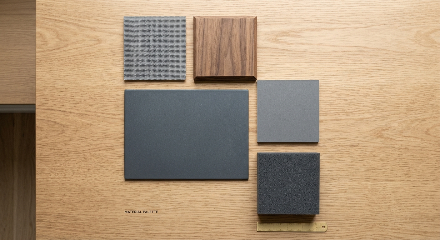 Office furniture material samples including wood, fabric, steel and foam
