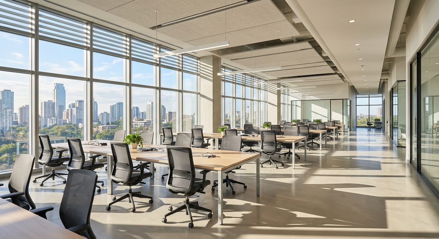 Well-ventilated empty office with open windows and natural sunlight