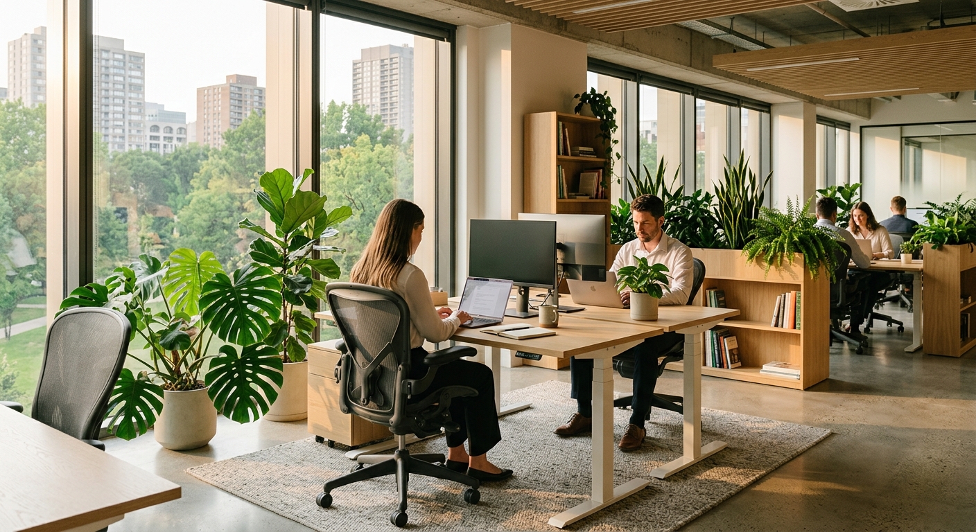 Sustainable office workspace with certified low-emission furniture and plants