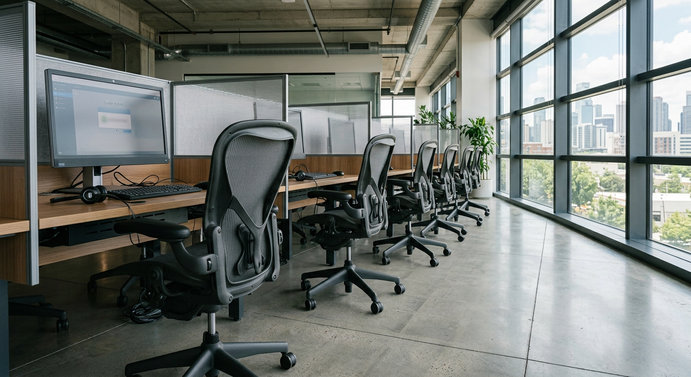 Heavy-duty ergonomic task chairs at call center workstations