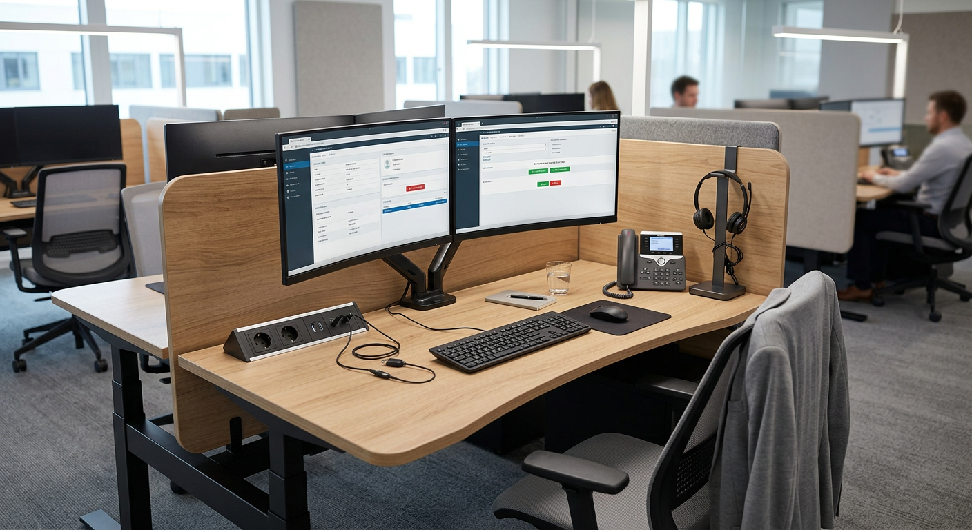 Compact call center workstation with dual monitors and integrated power module