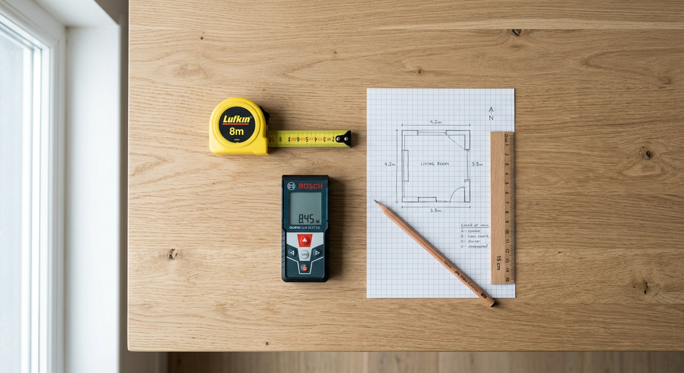 Office measurement tools laid out on a desk including laser meter, tape measure, and graph paper