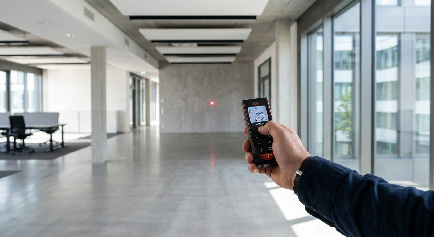 Hand using a laser distance meter to measure an empty office wall