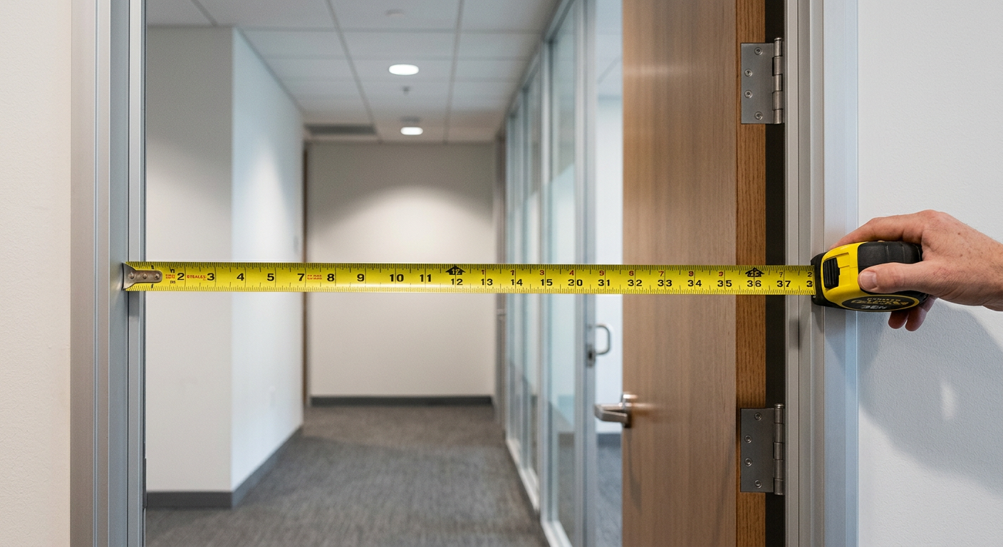 Tape measure stretched across an office doorway measuring clear opening width