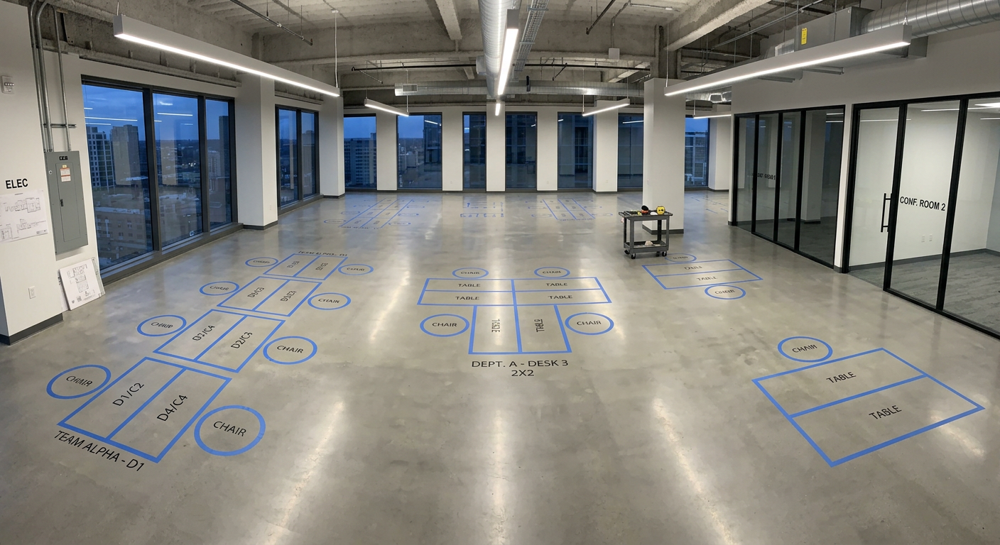Office floor with painter's tape outlining planned furniture footprints