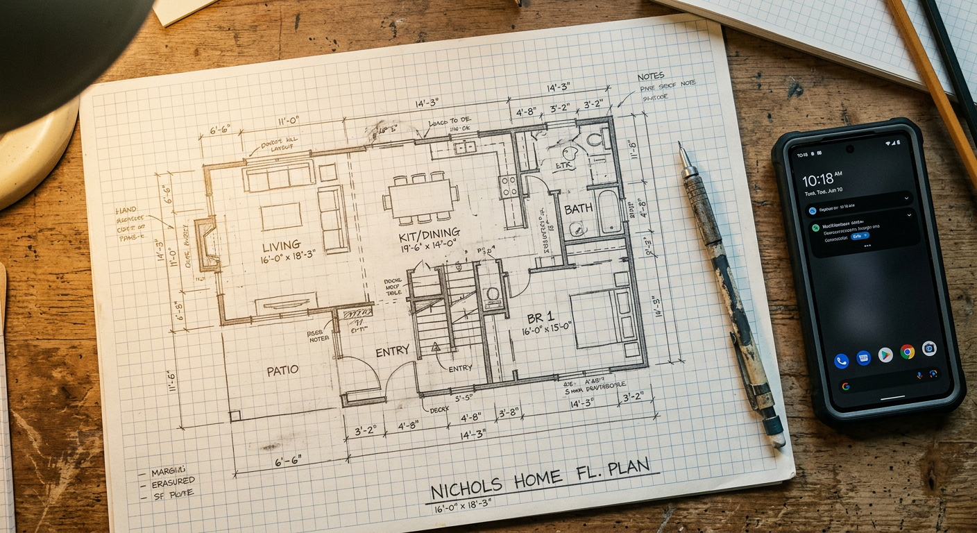 Hand-drawn office floor plan sketch on graph paper with written measurements