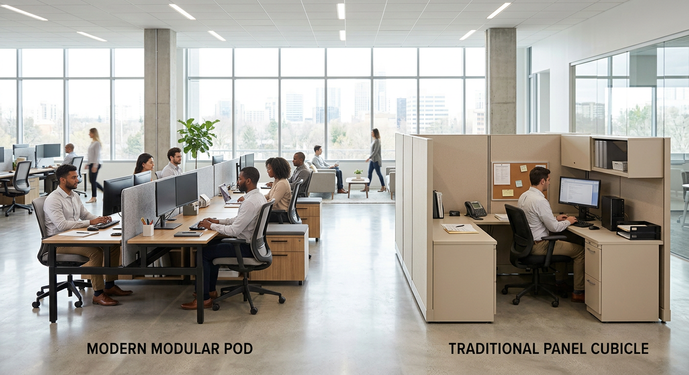 Modular bench workstation pod compared with panel cubicle station