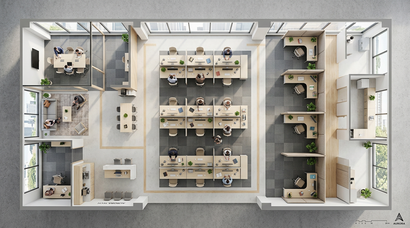 Overhead office floor plan mixing modular benches and private cubicles