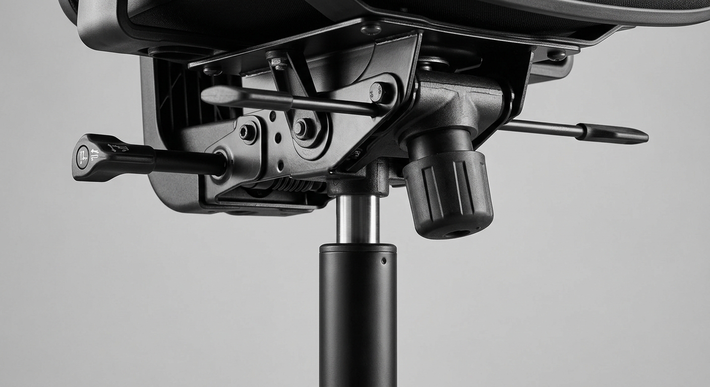 Underside of an office chair showing mechanism and gas cylinder